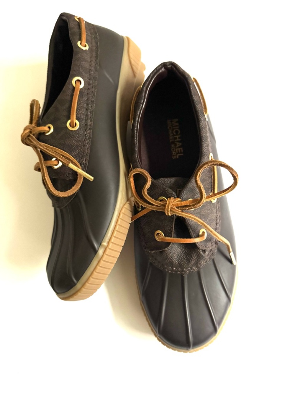 Michael Kors Women’s Brown Duck-Style Leather-Capped Rain/Boat Shoes